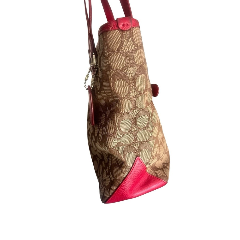 Coach Signature Coated Canvas and Red Leather Trim Purse Tote Gold Hardware - Picture 6 of 16